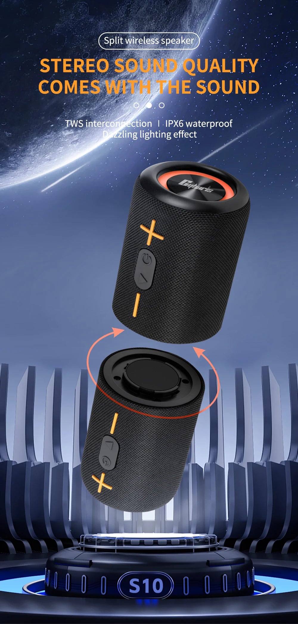 2in1 S10 Split Wireless Bluetooth Speaker 20W Powerful IPX6 HIFI Stereo Surround with RGB Light Aux TF Card for Outdoor Home